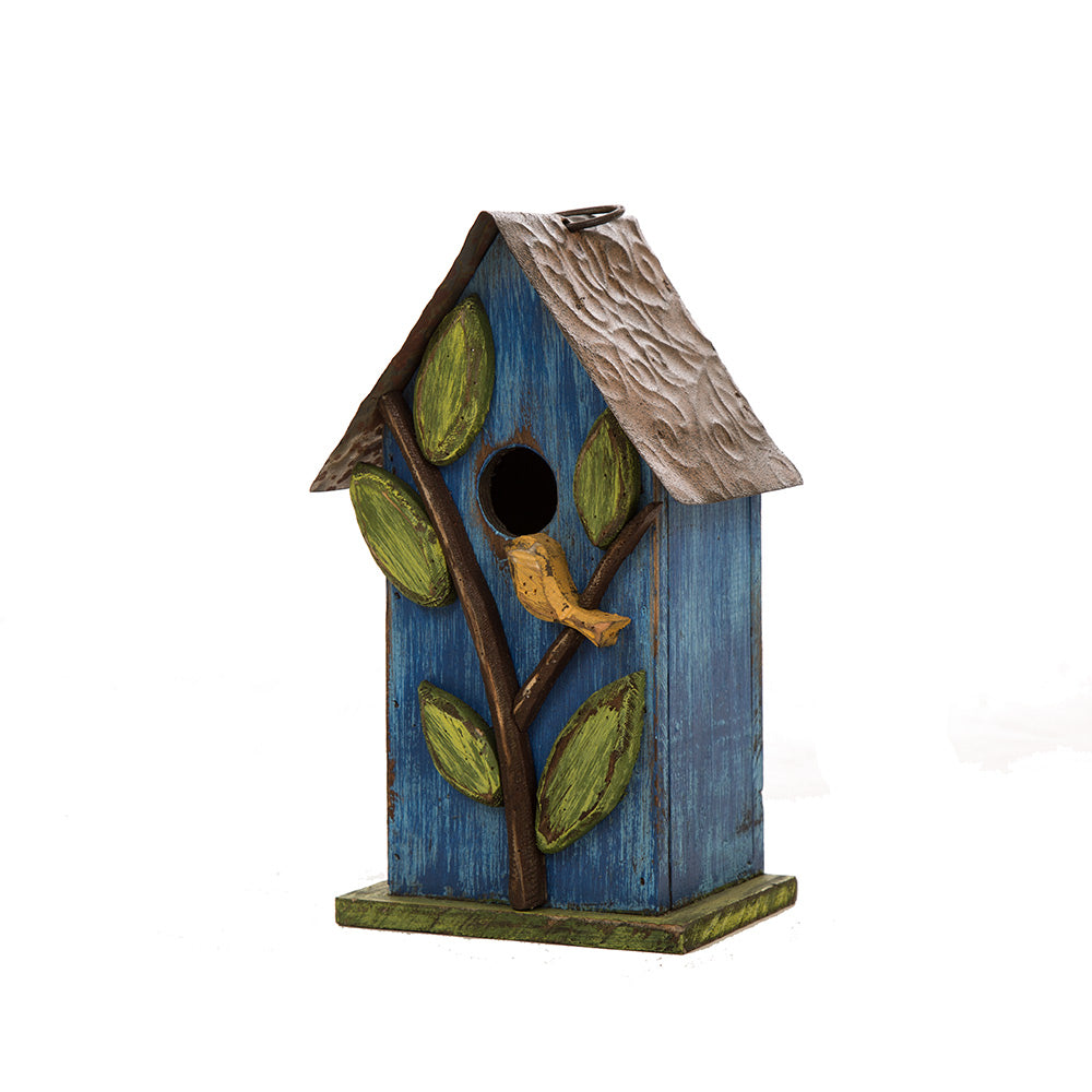 BIRDHOUSE, HAND PAINTED WOOD, BLUE WITH YELLOW BIRD