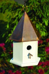 BIRDHOUSE FOR SONGBIRDS, WHITE CYPRESS COPPER PATINA ROOF HEXAGON SHAPE HEARTWOOD